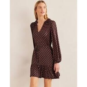 Boden Women Jersey Notch Neck Printed Dress Work Ruffle Hem Belted Stretch 6